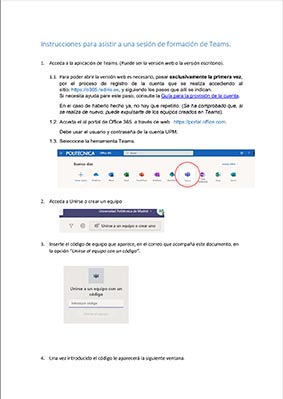 Portada del documento: Instrucciones para asistir a una sesión de formación de Teams.