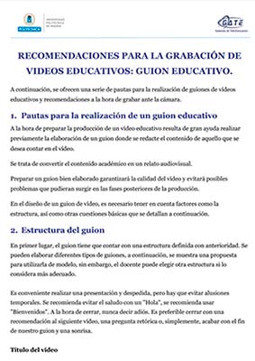 Portada del documento: Recomendaciones para la grabación de videos educativos: guion educativo