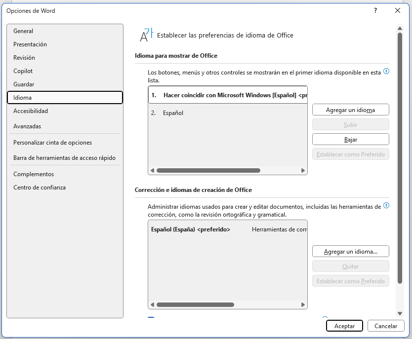 Ventana de opciones para determinar el idioma de todo el documento.
