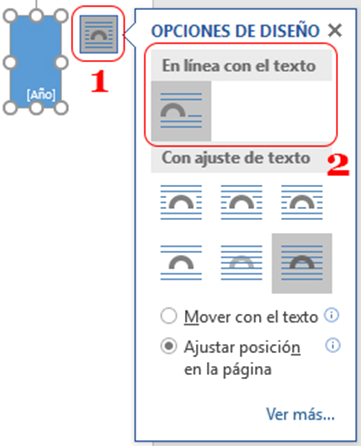 Opciones de diseño objeto. En esta imagen se representa la forma de cambiar las opciones del diseño de los objetos, pudiendo cambiar su alineación y el ajuste con el texto.