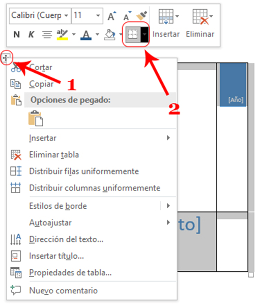 Propiedades de la tabla. En la imagen se representa las principales opciones que permite Word para la modificación de una tabla. Entre ellas, se ve la posibilidad de quitar los bordes negros de la tabla, ocultándolos.