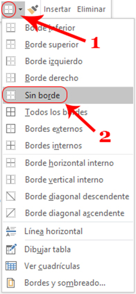 En la imagen aparecen las diferentes opciones que nos permite Word realizar sobre una tabla, entre ellos, quitar todos los bordes de una tabla.