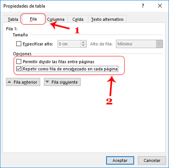 Opciones fila encabezado. En la imagen se muestra que en la pestaña de fila de lo anteriormente comentado. Se debe tener la opción de 