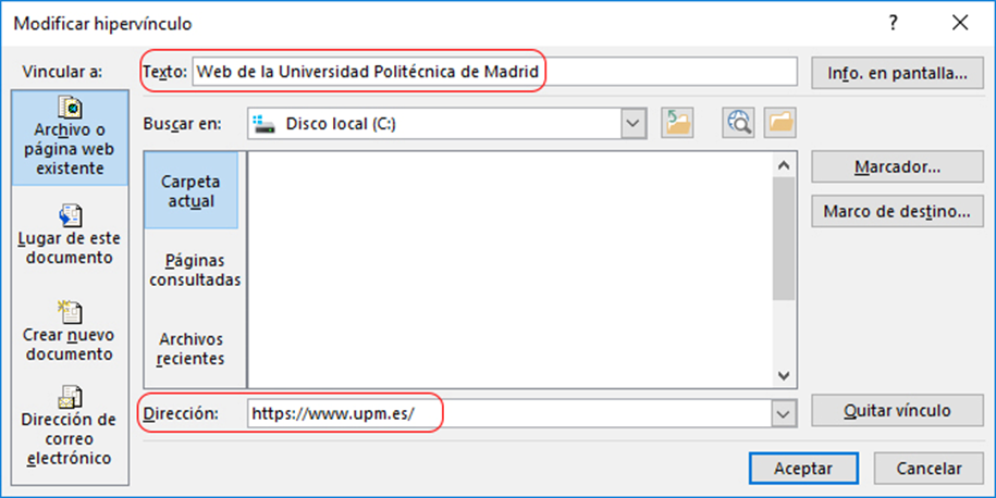 Ventana hipervínculo. En la imagen se vé la ventana emergente que se crea al dar sobre modificar hipervínculo. En ella vemos las opciones de texto, que será el que se muestre en vez de la URL, y el de dirección, que será la URL a la que se dirigirá al dar sobre el texto que aparece.