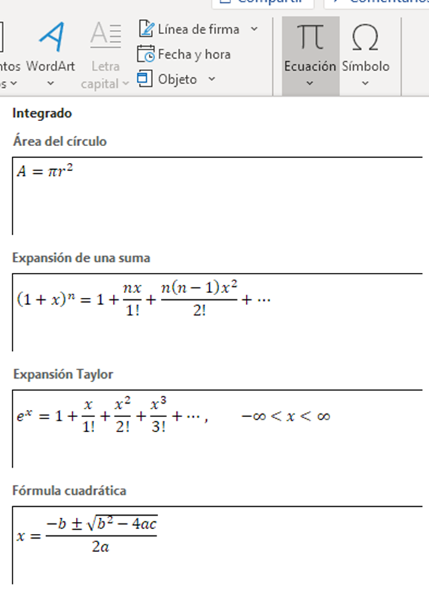 Imagen de ejemplo del bloque de ecuaciones matemáticas de Microsoft Word. En la imagen vemos los diferentes de ecuaciones disponibles en Microsoft Word.