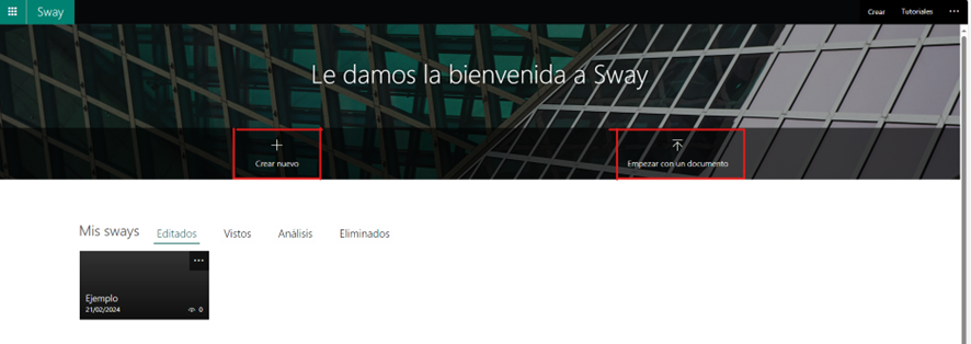 Imagen que destaca los botones para crear un nuevo Sway de cero y para crearlo a partir de otro documento