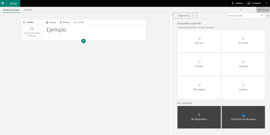 Imagen que muestra la página de edición de un Sway en blanco