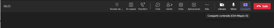 Imagen que muestra la opción de compartir contenido en una videollamada de teams