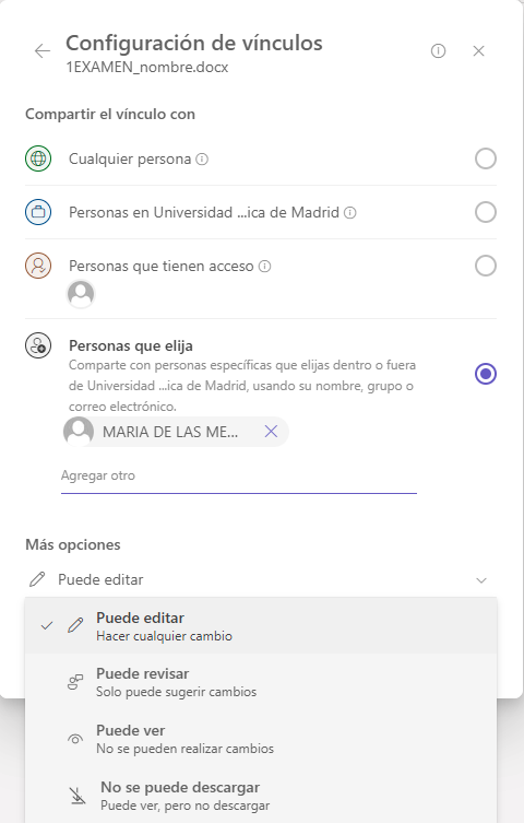 Imagen que muestra la ventana donde se puede elegir con quién compartir el vínculo, así como los permisos que se le darán a esa persona