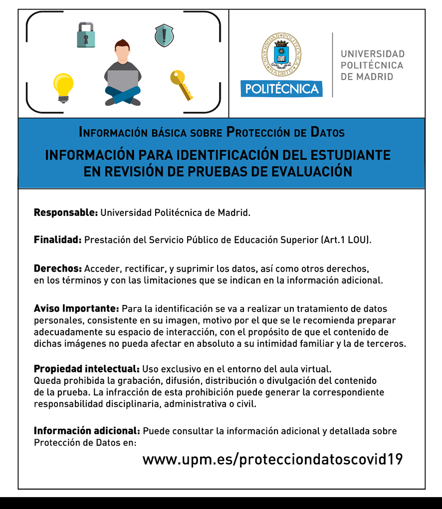 Imagen que muestra un cartel sobre información básica sobre protección de datos e información para la identificación del estudiante en revisión de pruebas de evaluación