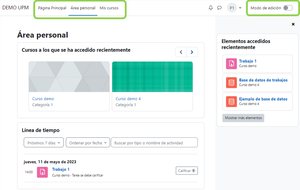 Página principal de Moodle donde se marca el menú principal y el modo de edición