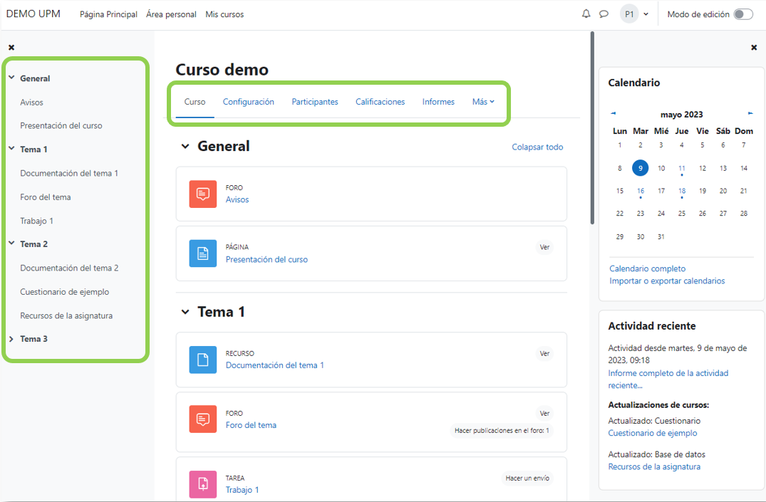 Página de un curso de Moodle donde están recuadradas las secciones de un curso y el menú principal de un curso.