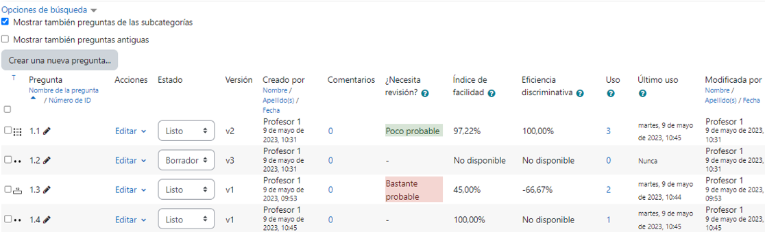 Banco de preguntas distribuido en una tabla.