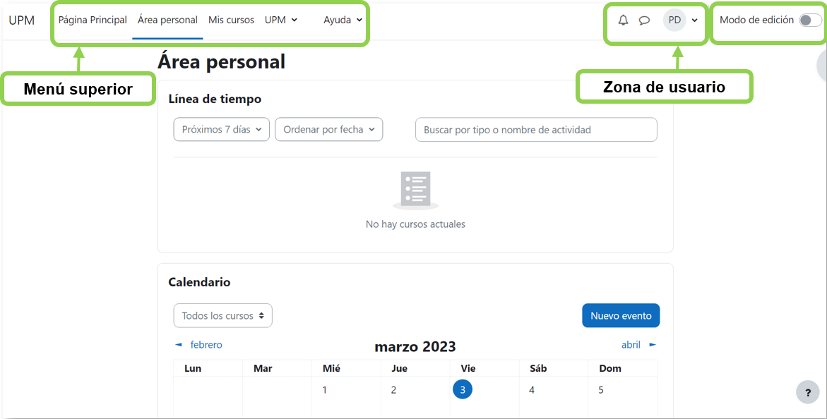 Elementos de navegación de la página principal de Moodle como el menú superior o la zona de usuario.