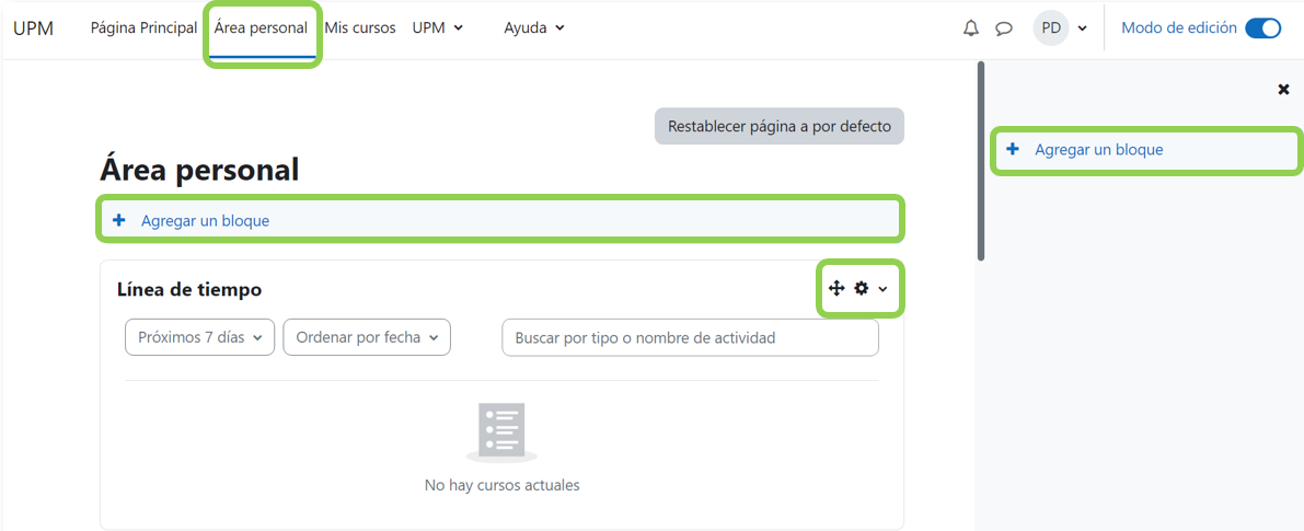Opciones de personalización del área personal como agregar un bloque que aparece en el lado derecho como debajo del área personal.