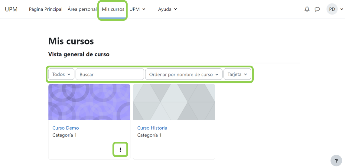 Vista de Mis cursos donde aparece el menú para filtrar por curso y los 3 puntos que permiten destacar o archivar un curso.