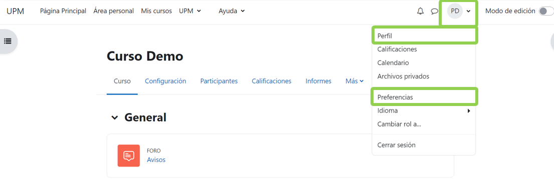 Muestra del menú desplegado para acceder al perfil personal o las preferencias.