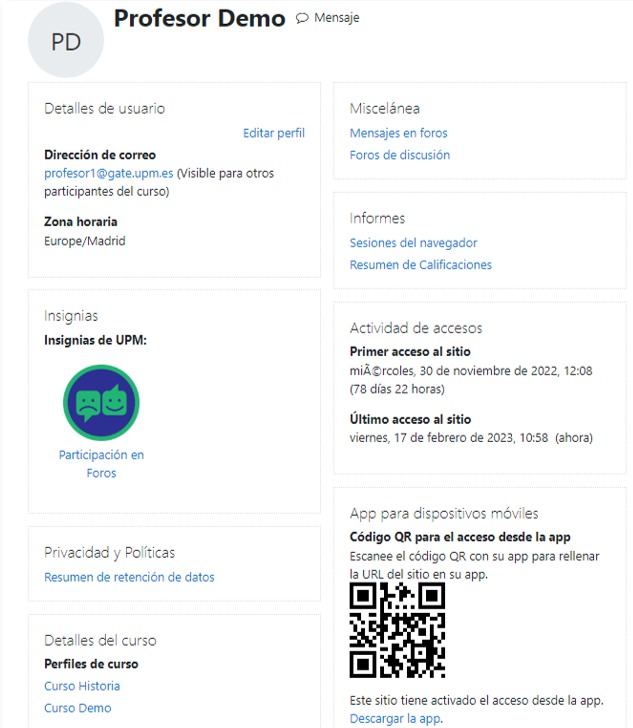 Perfil personal general de un usuario en Moodle.