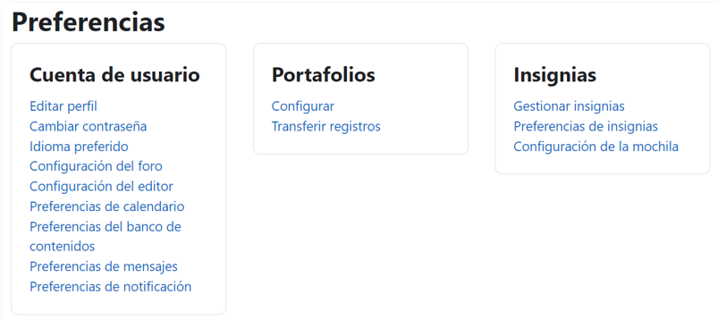 Bloque de preferencias de usuario con las opciones de cuenta de usuario, portafolios e insignias.