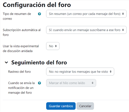 Configuraciones del foro tal como enviar resumen por correo, suscribirse, etc, y las opciones de seguimiento del foro como el rastreo del foro o decidir cuando se envía un mensaje del foro.