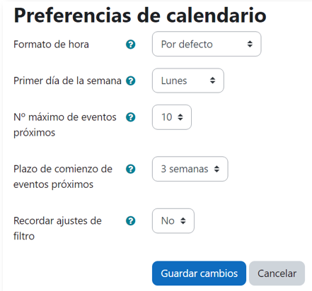 Preferencias del calendario como el formato de hora, primer día de la semana, etc.