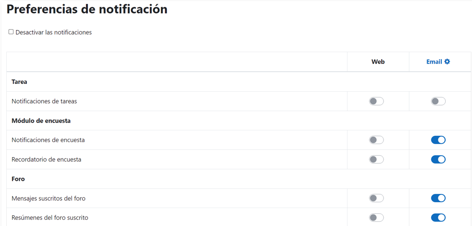 Configuración de las preferencias de notificación en tareas, módulos de encuesta, foro, etc.