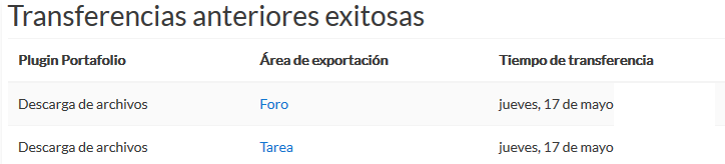 Opciones para transferir registros con el area de exportación y el tiempo en el que se ha realizado.