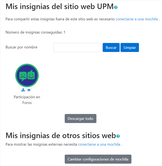 Vista de gestión de insignias de un usuario.