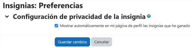Opciones de la configuración de la privacidad de las insignias.