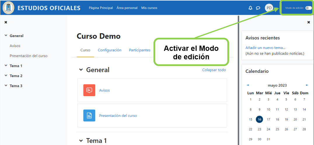 Activar el Modo de edición