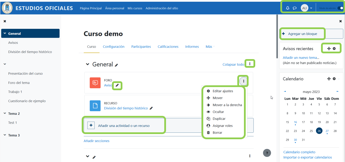 Vista que aparece cuando el modo edición está activado