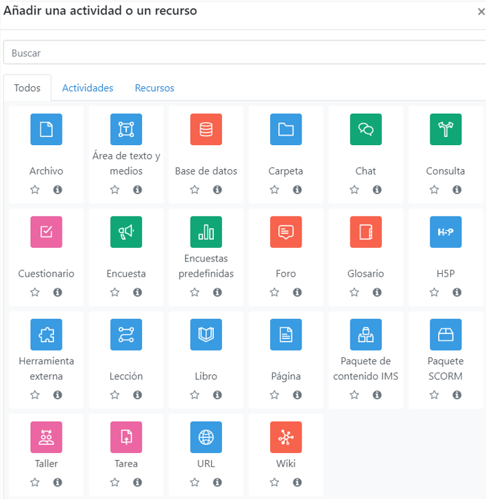 Vista del selector de actividades