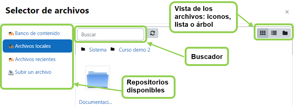 Selector de archivos explorando el repositorio de archivos locales, que cuenta con un buscador y varias opciones de vista de los archivos: iconos, lista o árbol