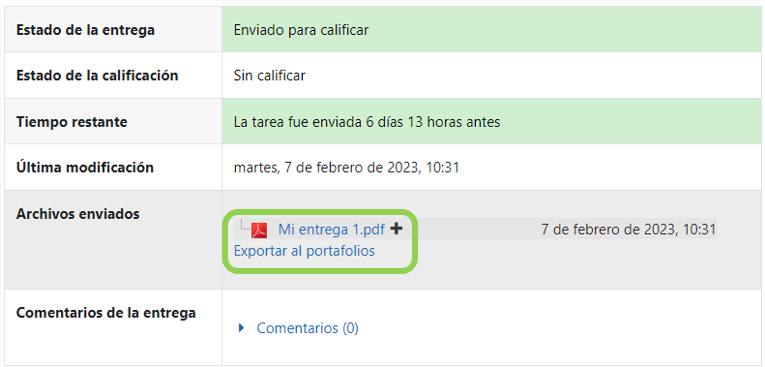 Exportar al portafolio la entrega de una tarea