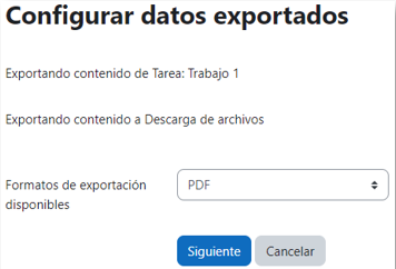 Vista para seleccionar formato o portafolio externo para la exportación