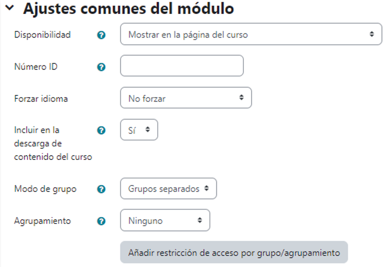 Vista de ajustes comunes del módulo