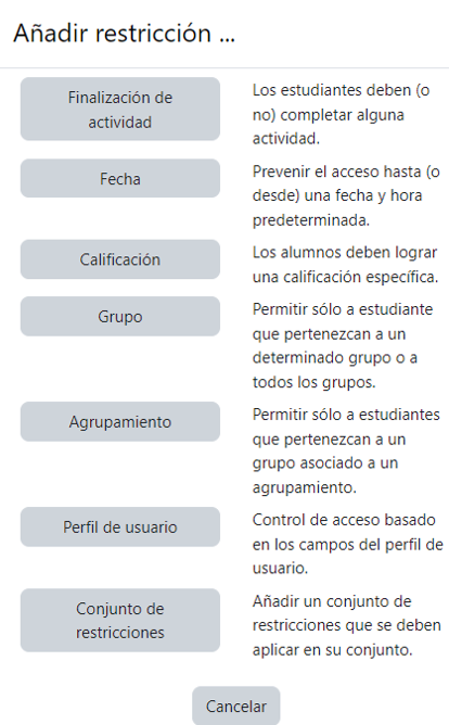 Tipos de restricciones, que se explican a continuación