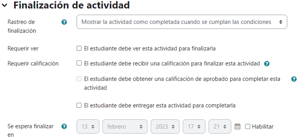 Opciones de finalización de actividad para las actividades calificables