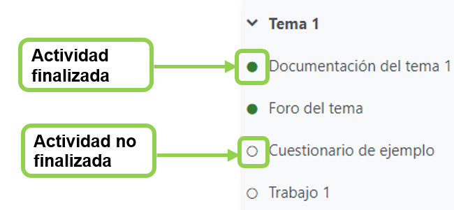 Vista de la finalización de actividad (en verde) en el menú de navegación
