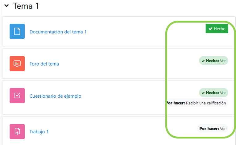 Vista de la finalización de actividad en la página del curso
