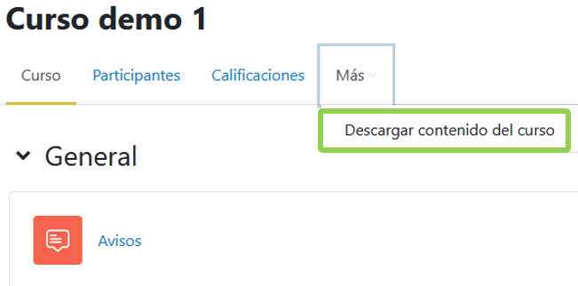 Vista del estudiantes al enlace de descarga del contenido del curso
