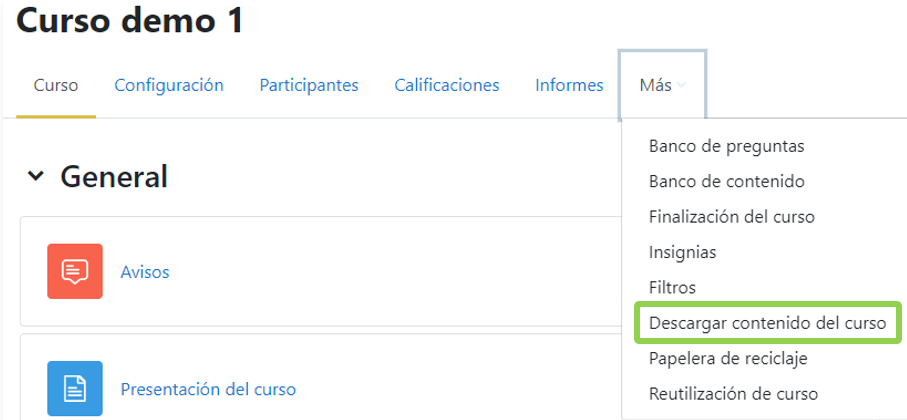 Vista del profesor al enlace de descarga del contenido del curso