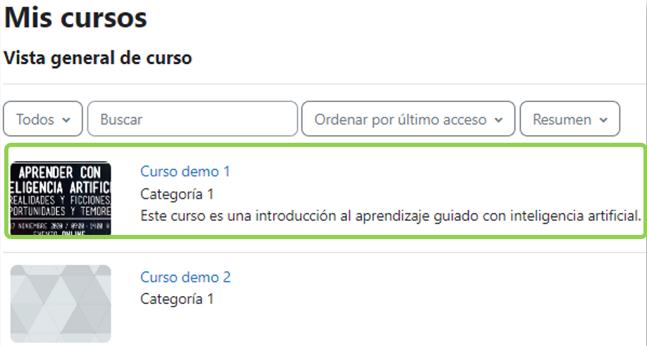 Imagen y resumen del curso en la vista general del curso