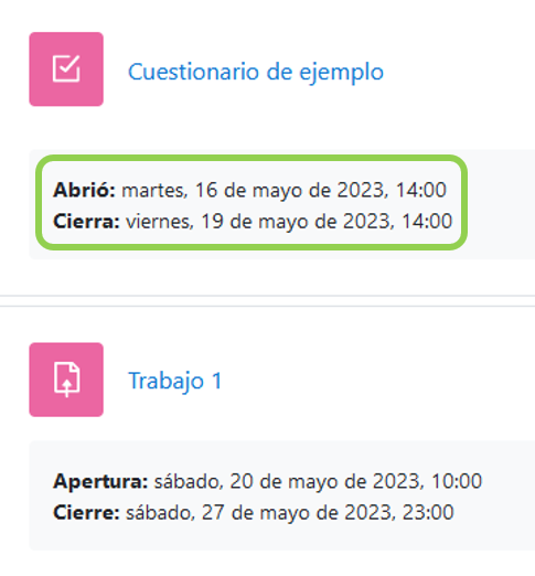 Vista de las fechas de actividades en la página del curso