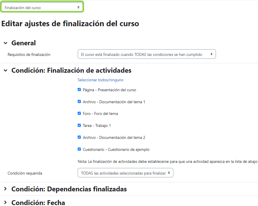 Ajustes de finalización del curso