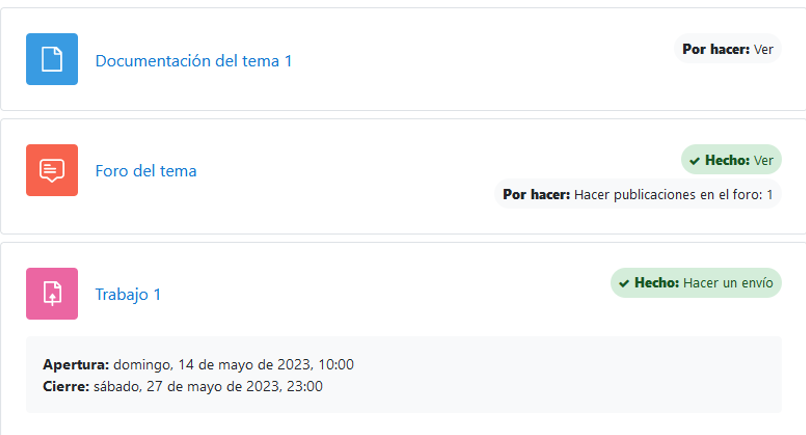 Actividades completadas en la página principal según la vista del estudiante