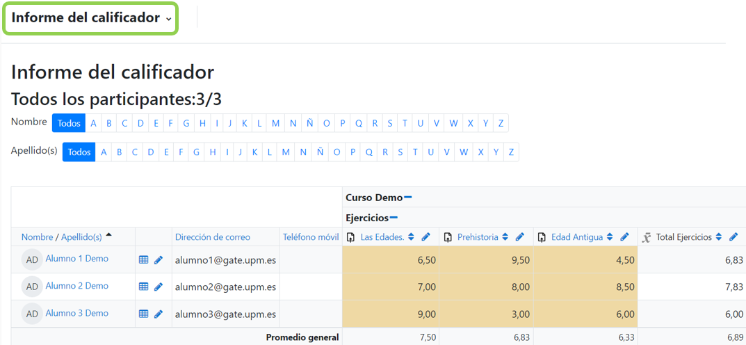 Vista del informe del calificador
