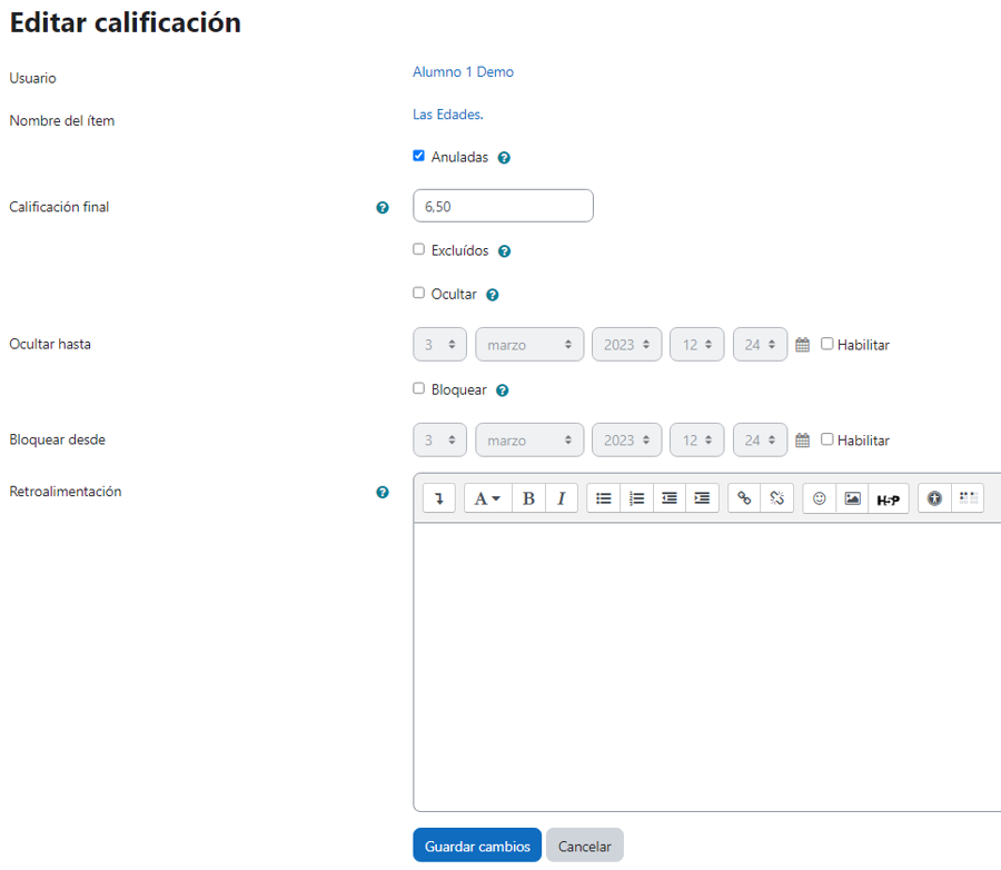 Edición de una nota del libro de calificaciones