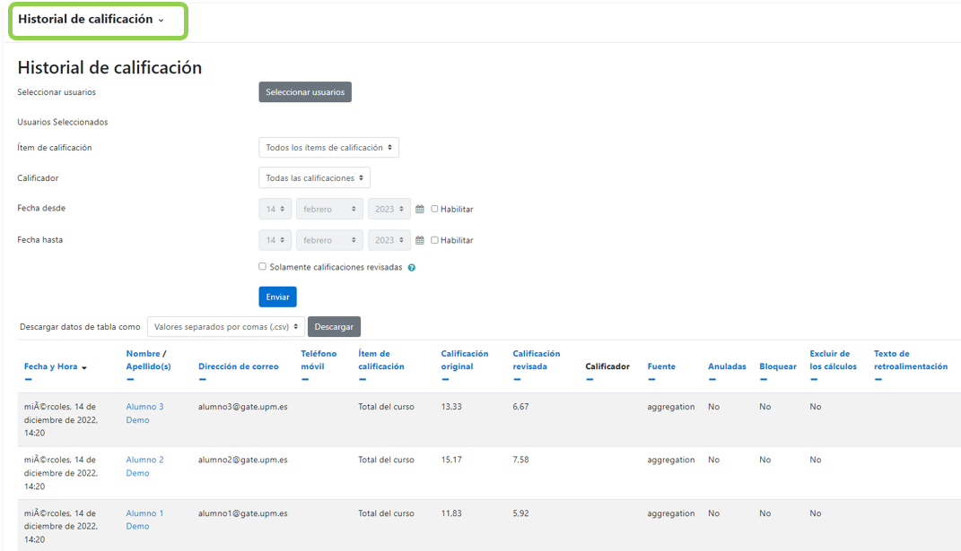 Historial de calificaciones