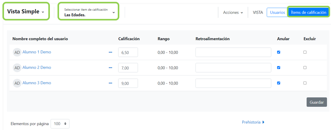 Vista simple de un ítem de calificación